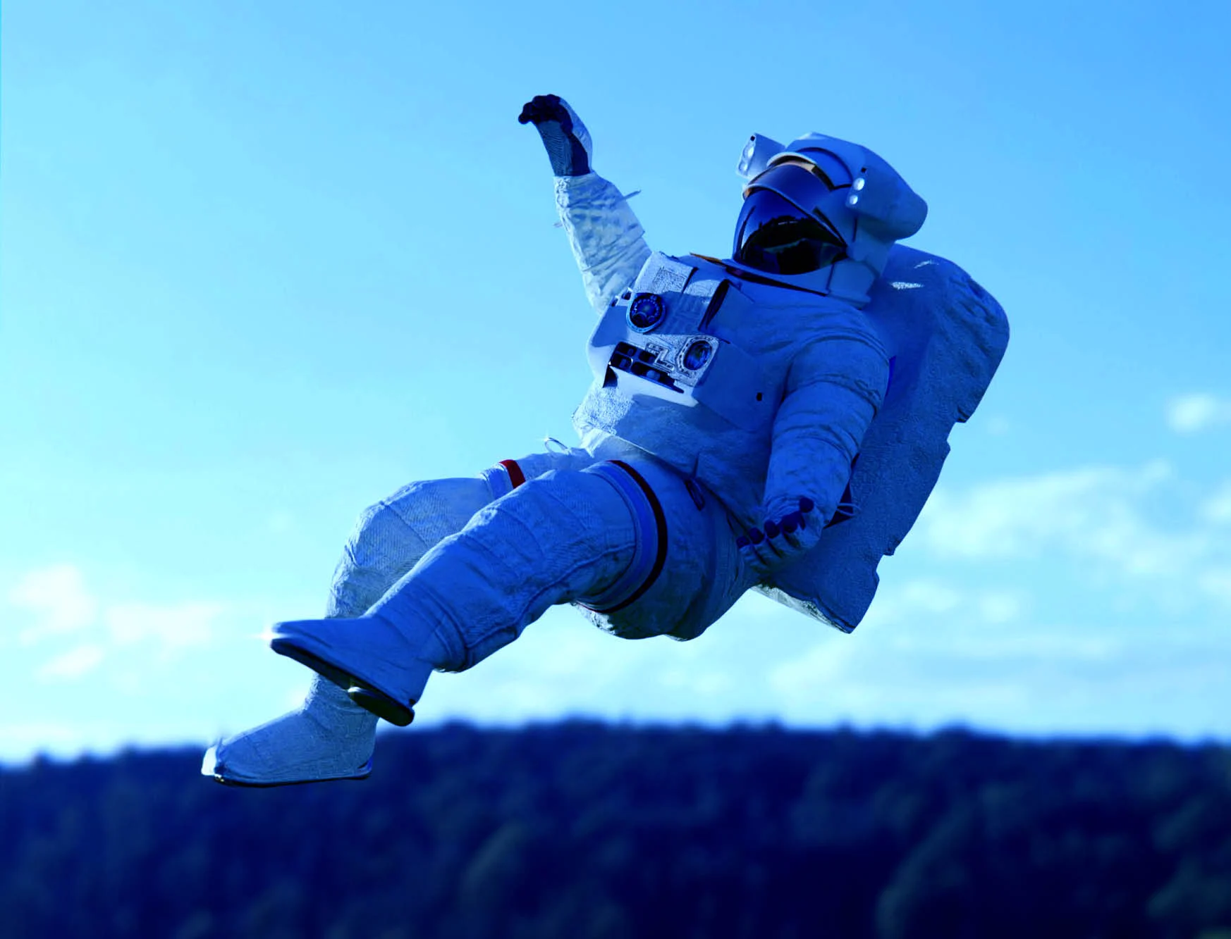 blue astronaut floating to the ground